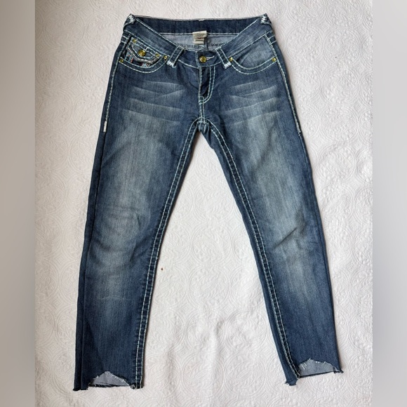 True Religion Denim - True Religion Joey Super T Low Rise Jeans Rainbow Stitch Denim Jeweled Size 26